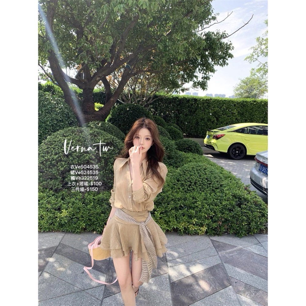 夏日氛圍‘ 飄逸襯衫x短裙x絲巾腰帶三件套-細節圖8