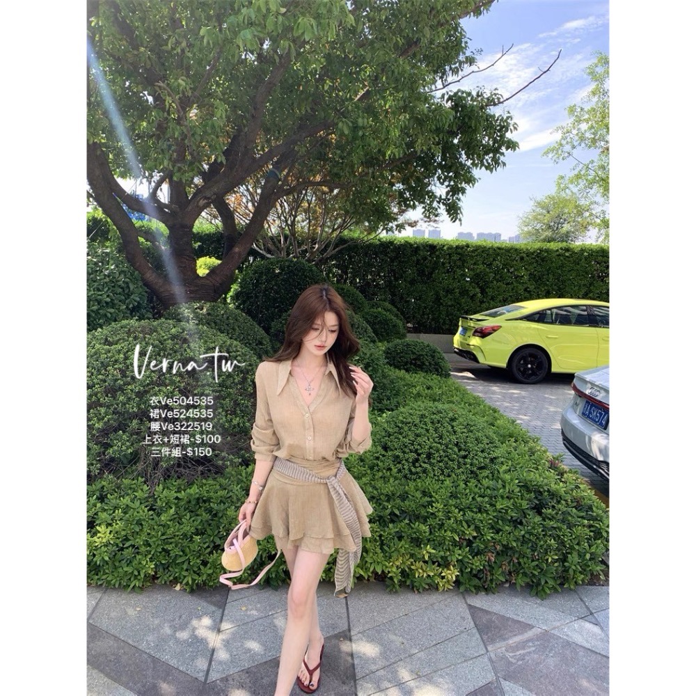 夏日氛圍‘ 飄逸襯衫x短裙x絲巾腰帶三件套-細節圖9