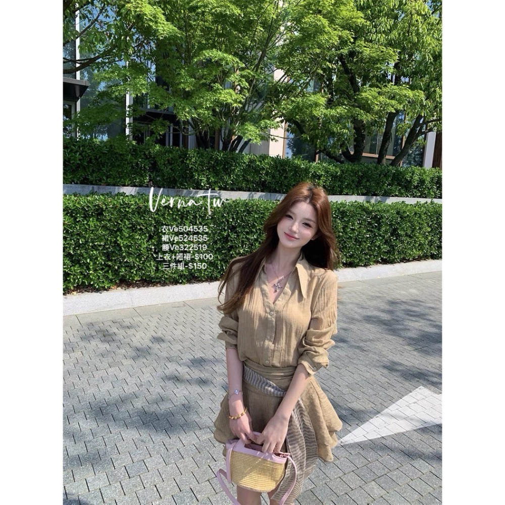 夏日氛圍‘ 飄逸襯衫x短裙x絲巾腰帶三件套-細節圖10