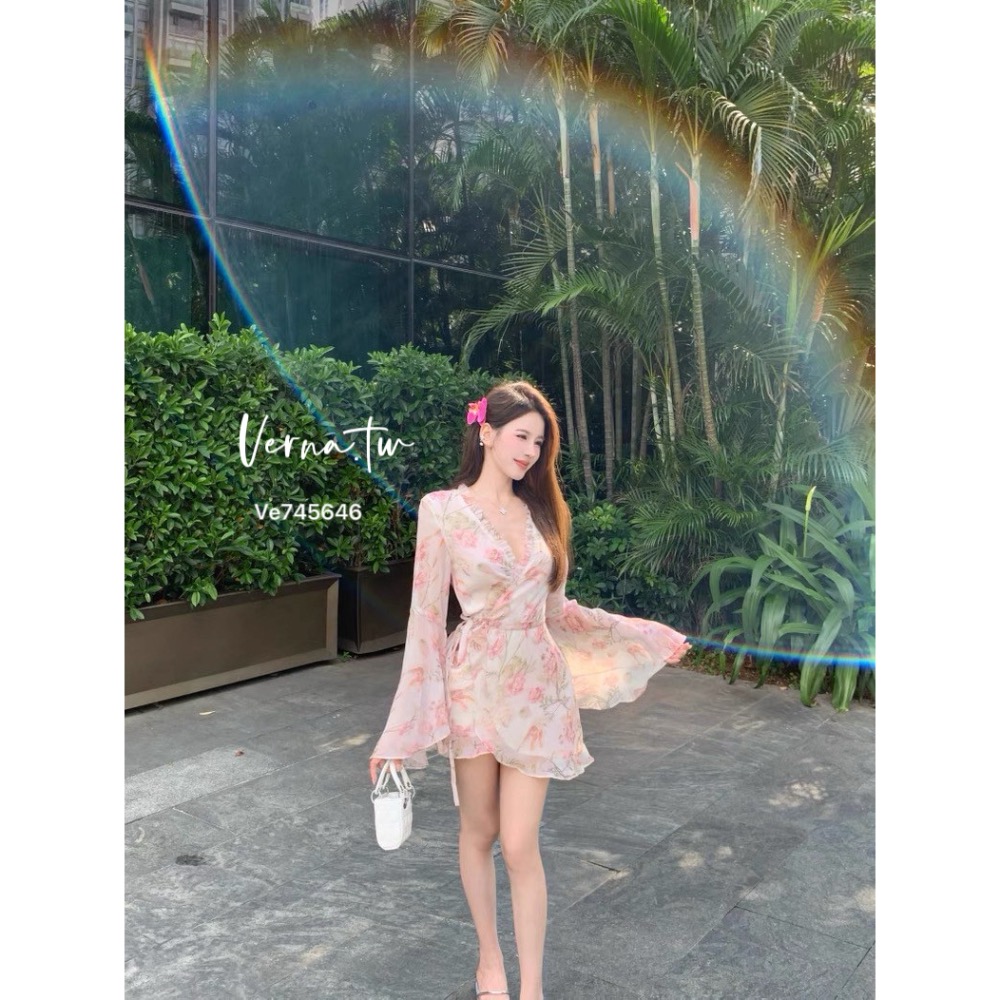 夏日甜美‘喇叭袖雪紡碎花連身裙-細節圖6