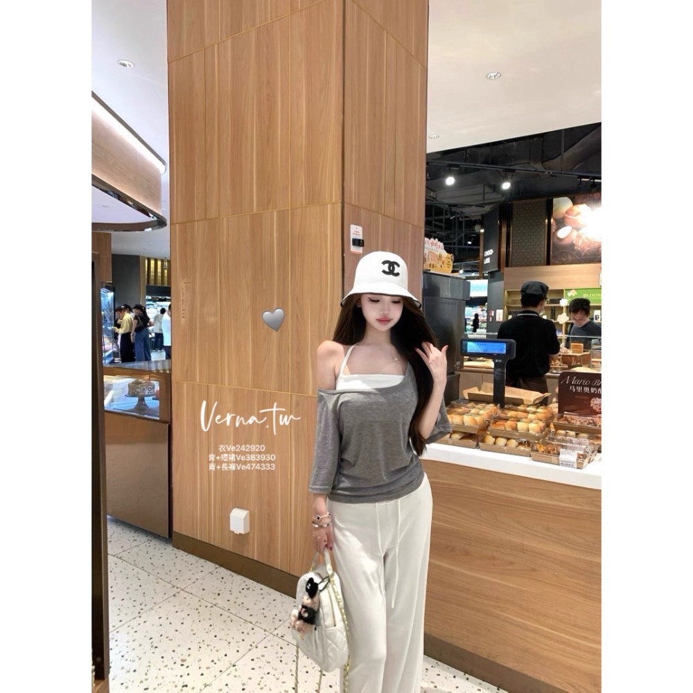 慵懶休閒三件套裝 斜肩短袖衣x背心x抽繩長褲-細節圖2