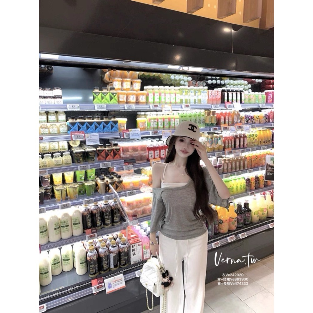 慵懶休閒三件套裝 斜肩短袖衣x背心x抽繩長褲-細節圖3