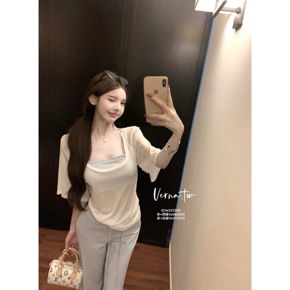 慵懶休閒三件套裝 斜肩短袖衣x背心x抽繩長褲-細節圖4