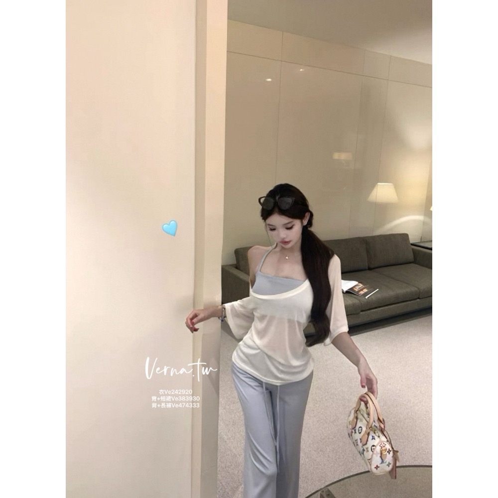 慵懶休閒三件套裝 斜肩短袖衣x背心x抽繩長褲-細節圖5