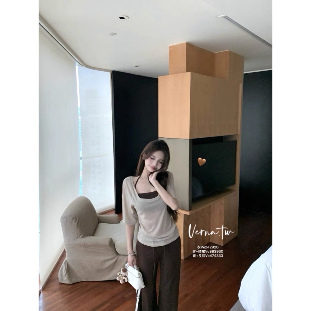 慵懶休閒三件套裝 斜肩短袖衣x背心x抽繩長褲-細節圖7