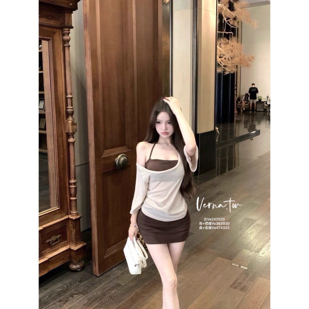 慵懶休閒三件套裝 斜肩短袖衣x背心x抽繩長褲-細節圖9