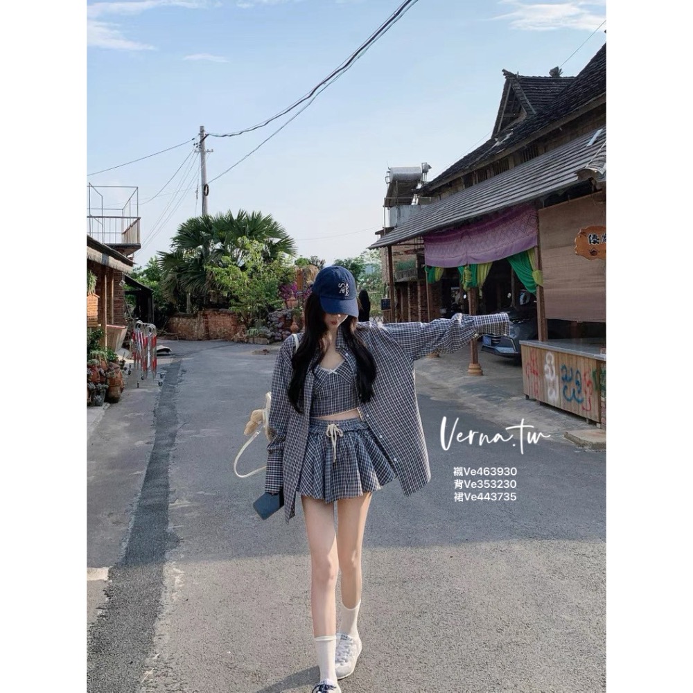 甜辣假期 三件套裝 復古格子襯衫x背心x短裙-細節圖2