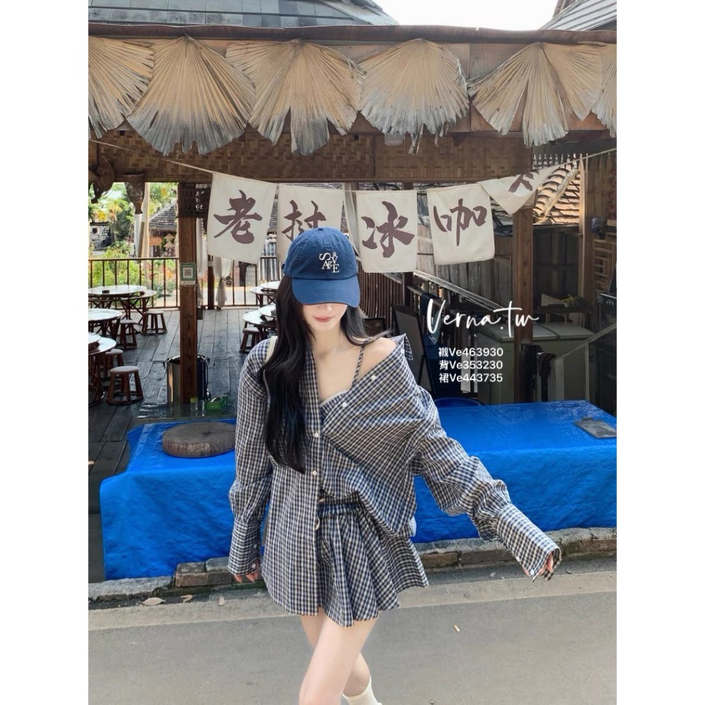 甜辣假期 三件套裝 復古格子襯衫x背心x短裙-細節圖3
