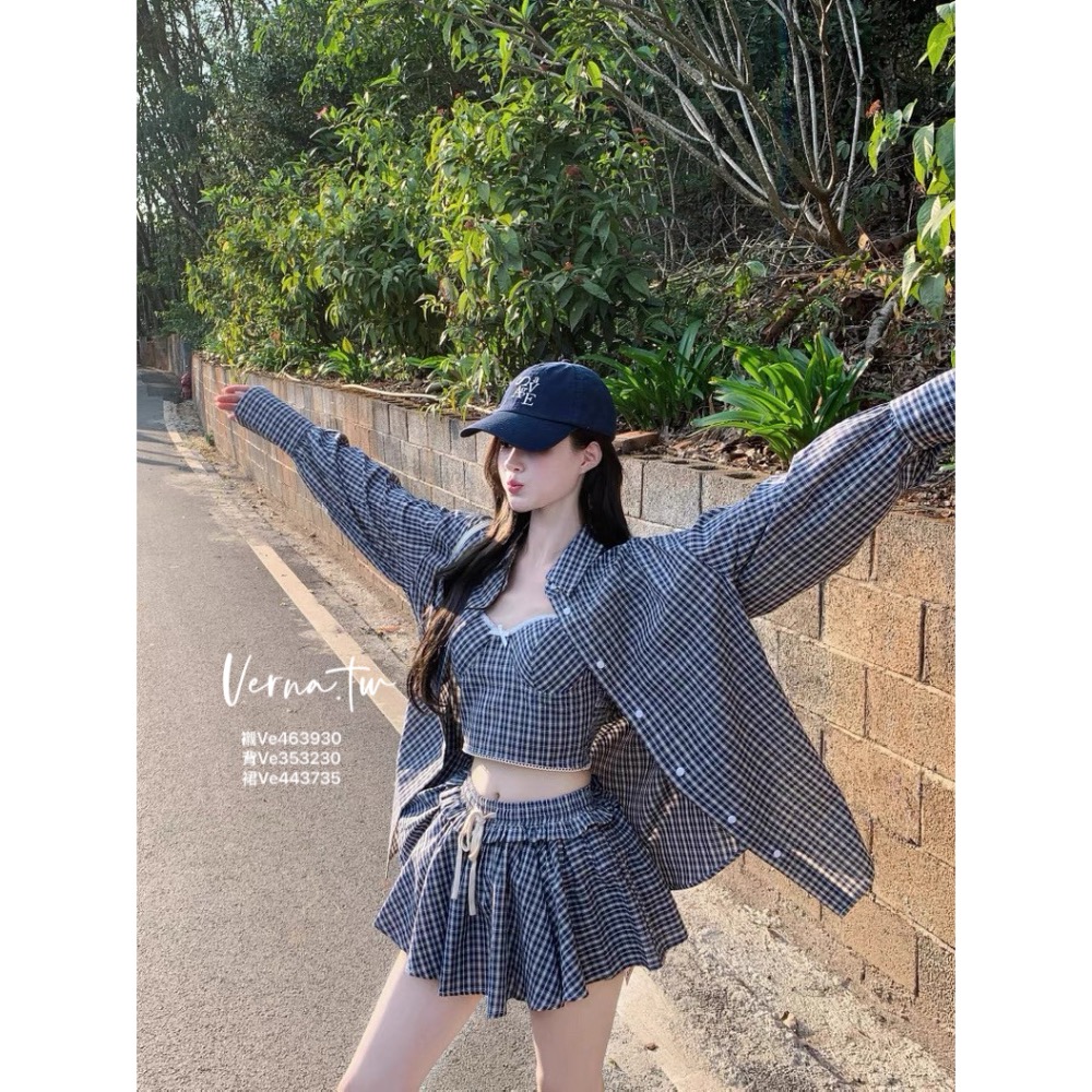 甜辣假期 三件套裝 復古格子襯衫x背心x短裙-細節圖4