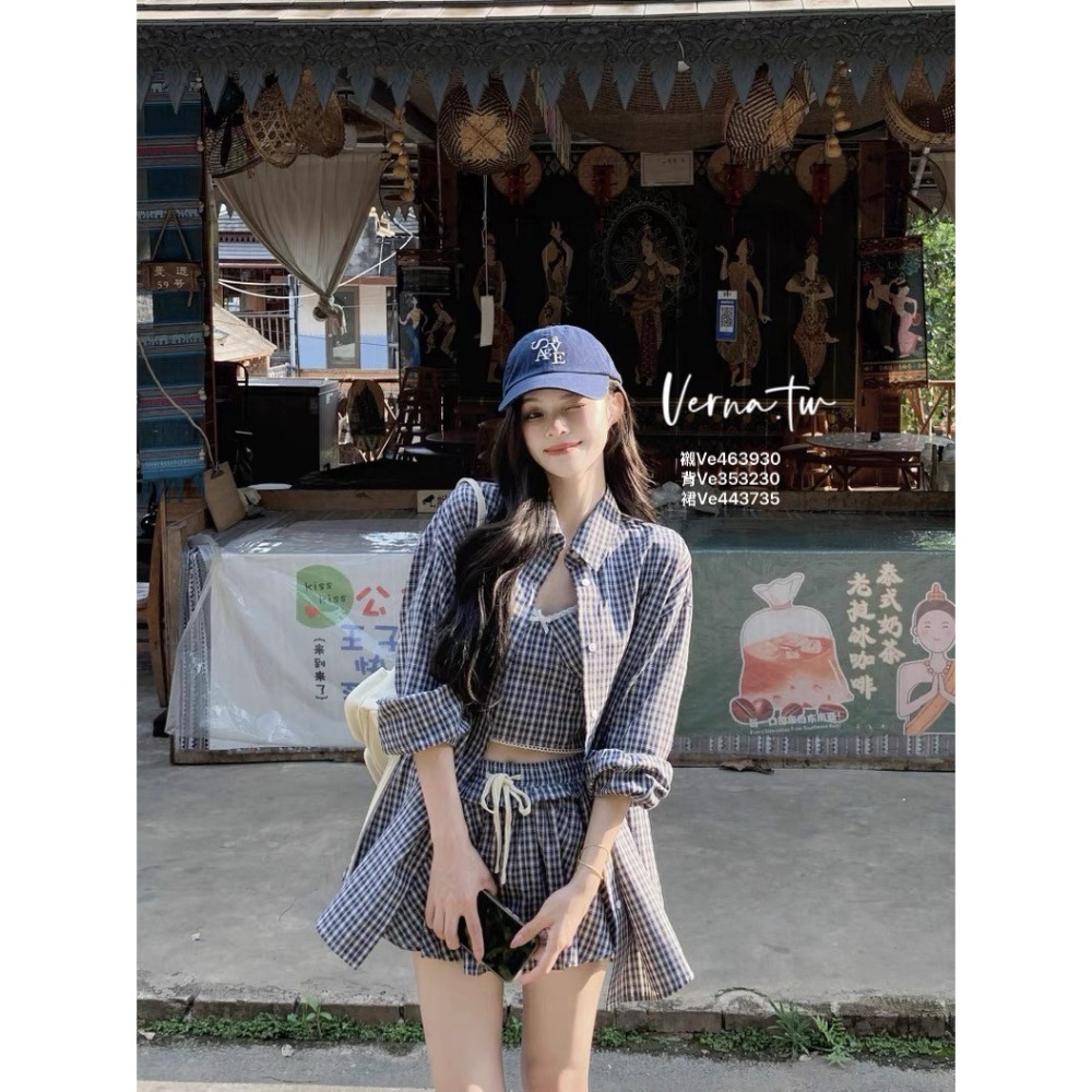 甜辣假期 三件套裝 復古格子襯衫x背心x短裙-細節圖5