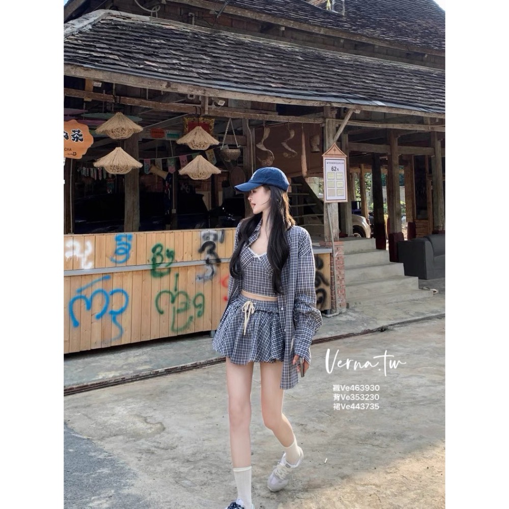 甜辣假期 三件套裝 復古格子襯衫x背心x短裙-細節圖6