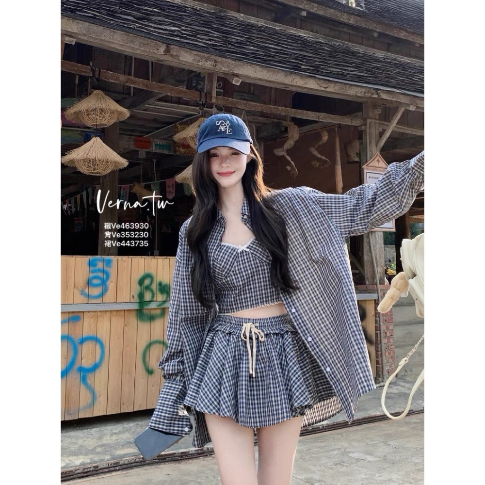 甜辣假期 三件套裝 復古格子襯衫x背心x短裙-細節圖7