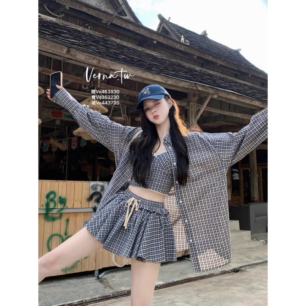 甜辣假期 三件套裝 復古格子襯衫x背心x短裙-細節圖8