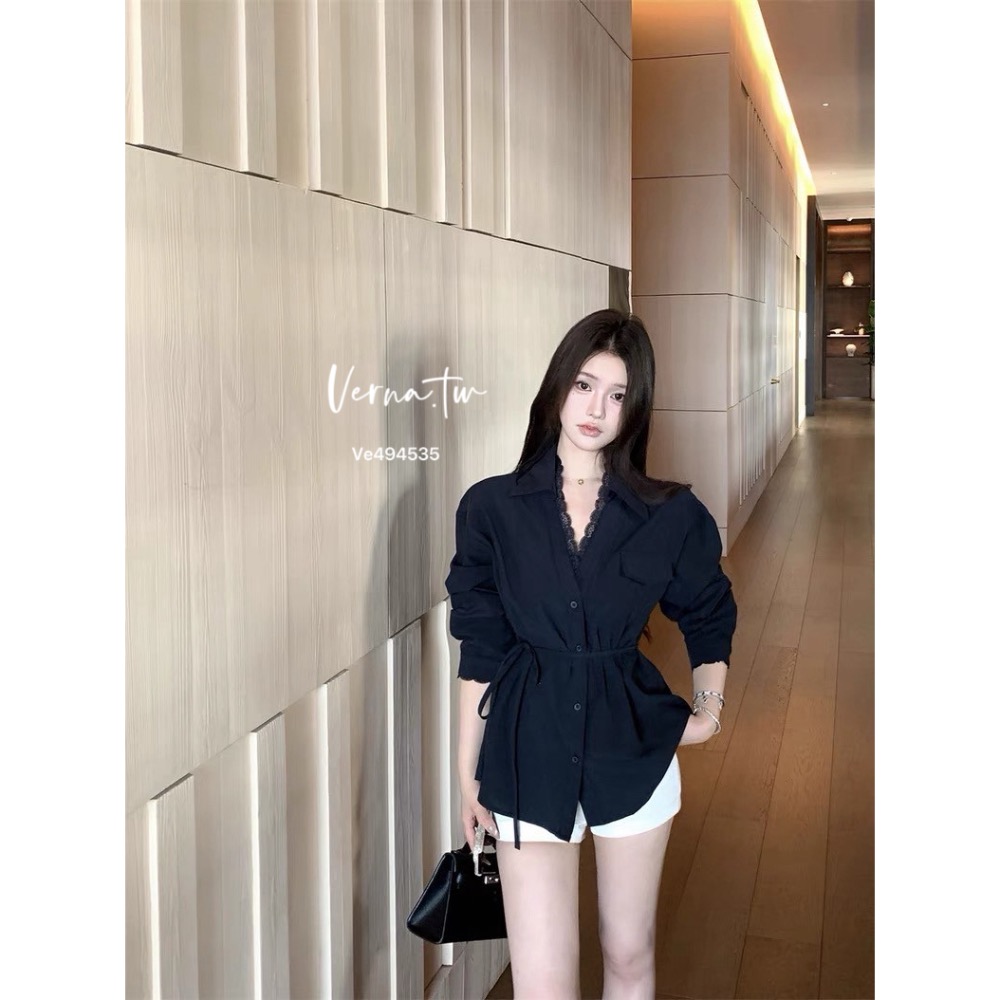 溫柔甜美 蕾絲拼接綁帶襯衫上衣-細節圖2