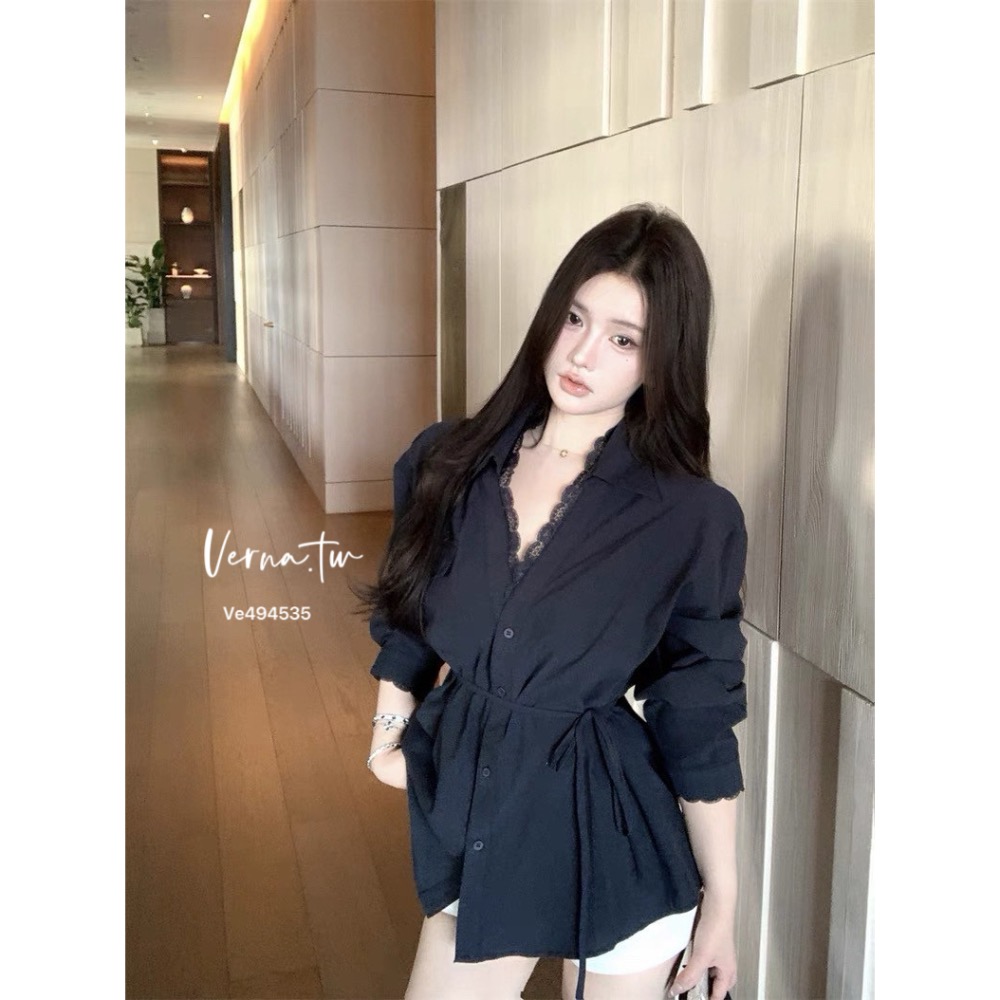 溫柔甜美 蕾絲拼接綁帶襯衫上衣-細節圖3