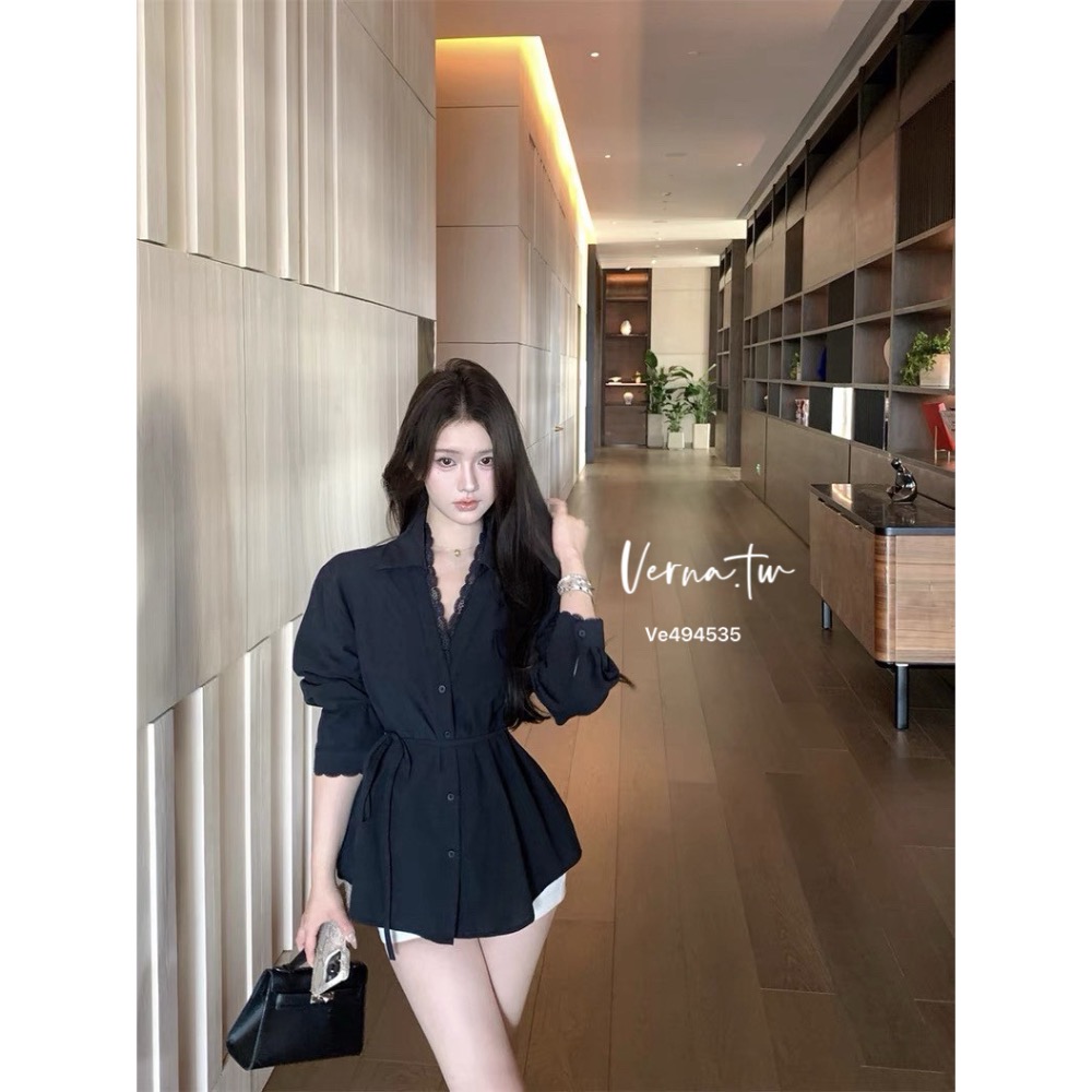 溫柔甜美 蕾絲拼接綁帶襯衫上衣-細節圖4