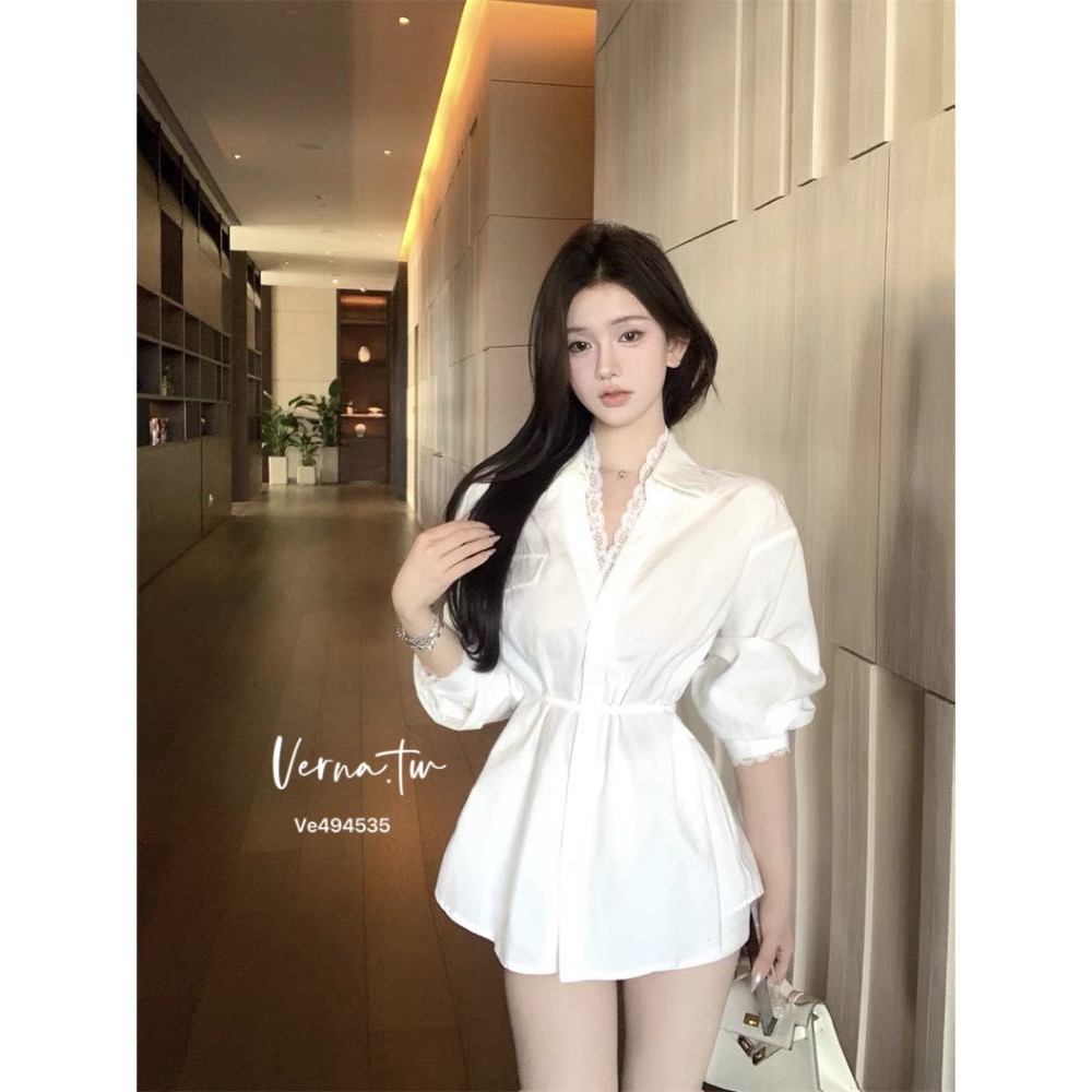 溫柔甜美 蕾絲拼接綁帶襯衫上衣-細節圖6