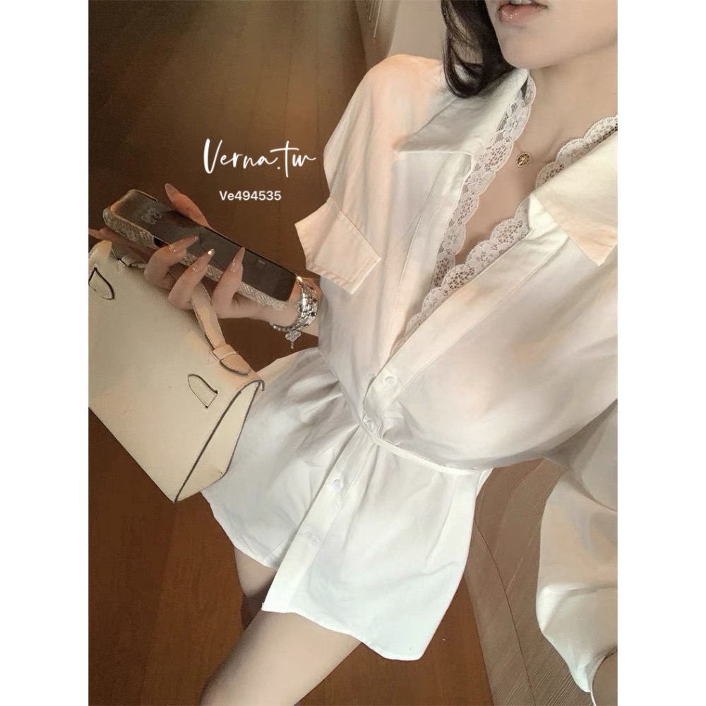 溫柔甜美 蕾絲拼接綁帶襯衫上衣-細節圖8