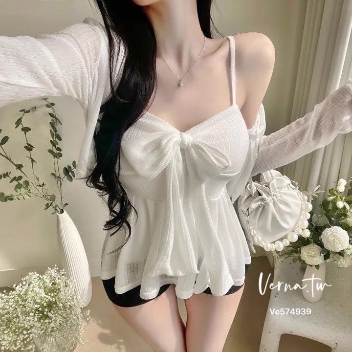 心動瞬間 綁帶蝴蝶結背心x開衫套裝-細節圖3