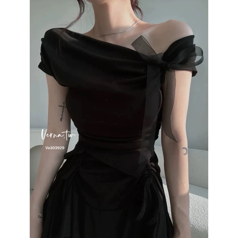 純慾首選 一字領露肩系帶不規則上衣-細節圖6