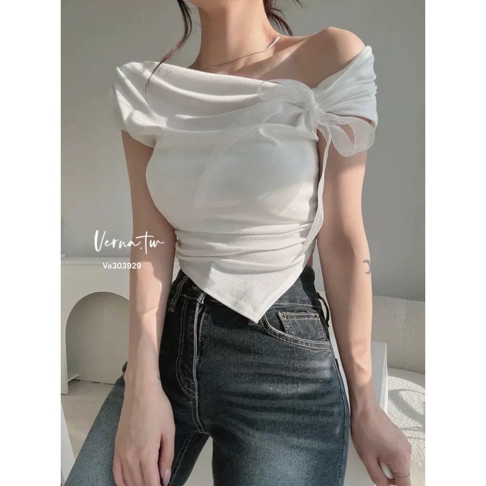 純慾首選 一字領露肩系帶不規則上衣-細節圖7