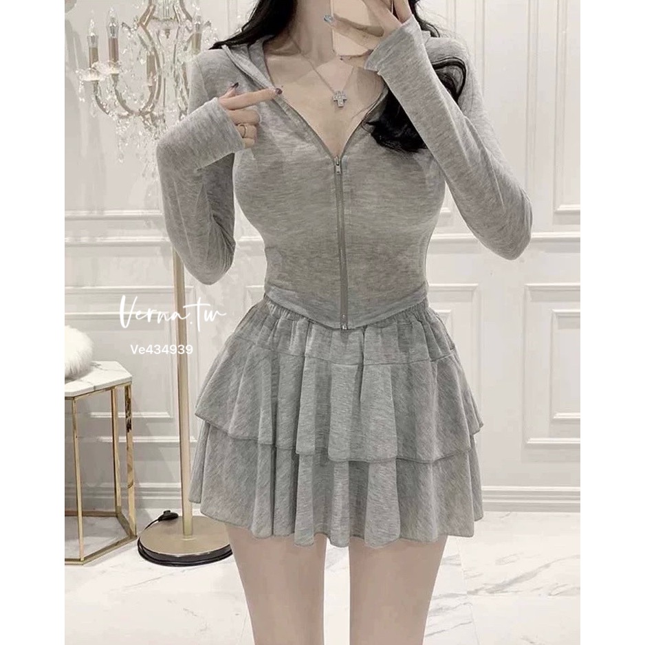 休閒可愛 連帽拉鍊外套x蛋糕裙套裝-細節圖8