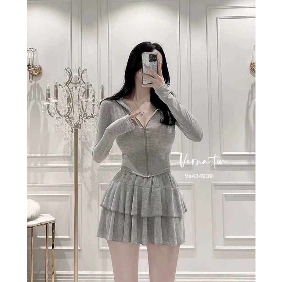 休閒可愛 連帽拉鍊外套x蛋糕裙套裝-細節圖11