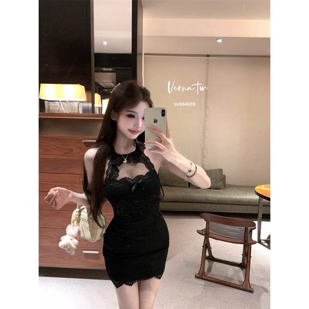 純欲心機 掛脖蕾絲鏤空洋裝-細節圖5