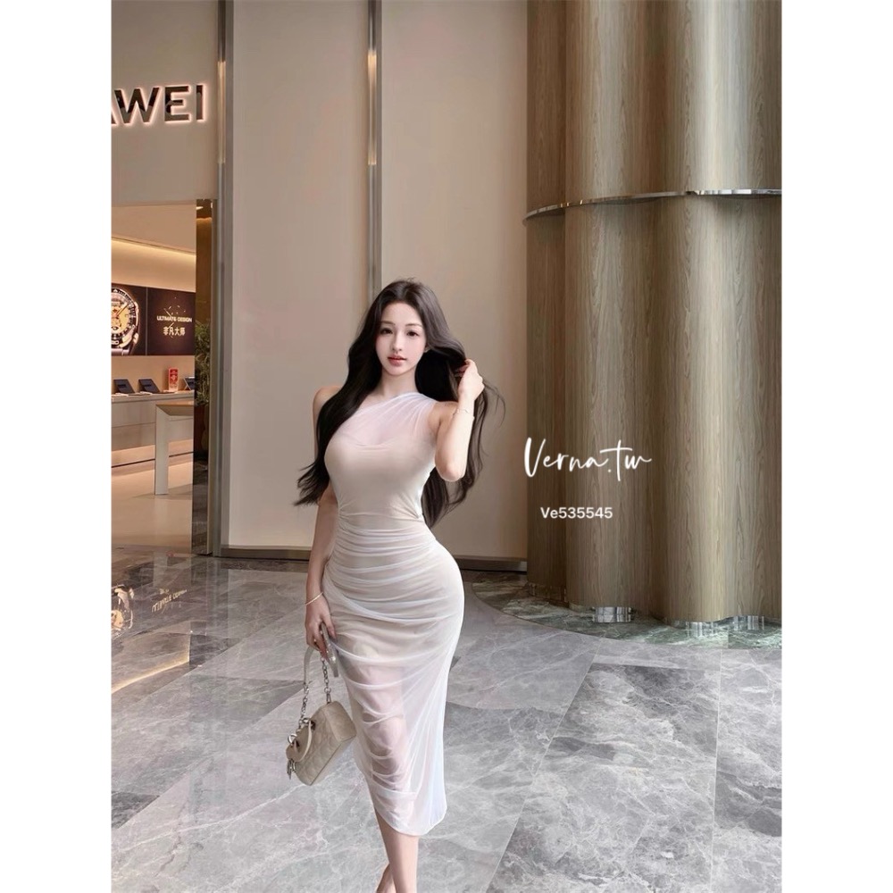 貴氣逼人 斜肩網紗連身長裙-細節圖2