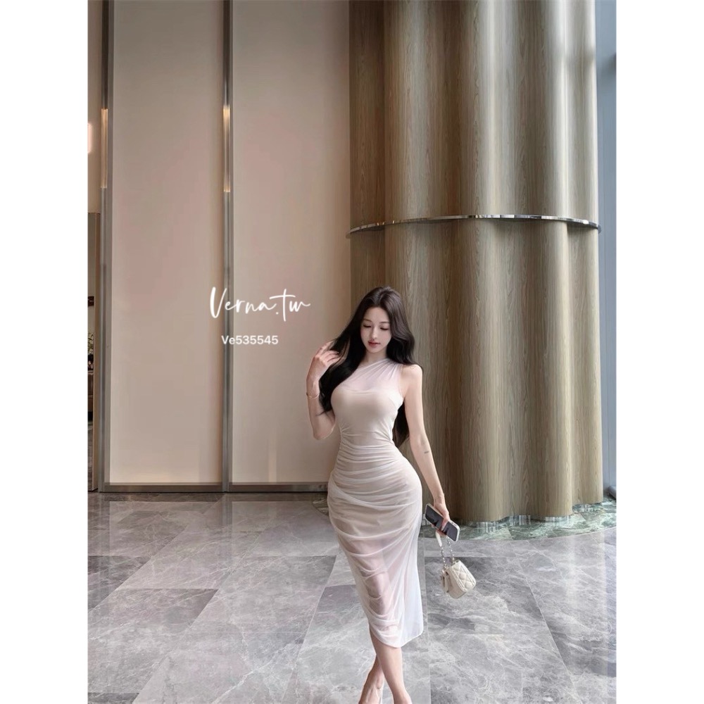 貴氣逼人 斜肩網紗連身長裙-細節圖5