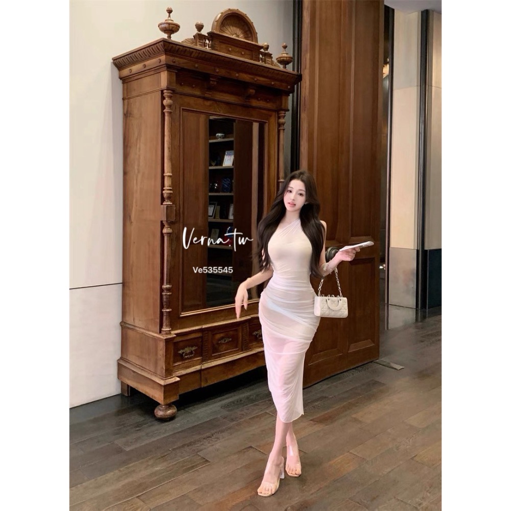 貴氣逼人 斜肩網紗連身長裙-細節圖7