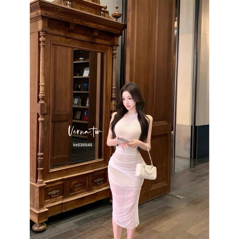 貴氣逼人 斜肩網紗連身長裙-細節圖8