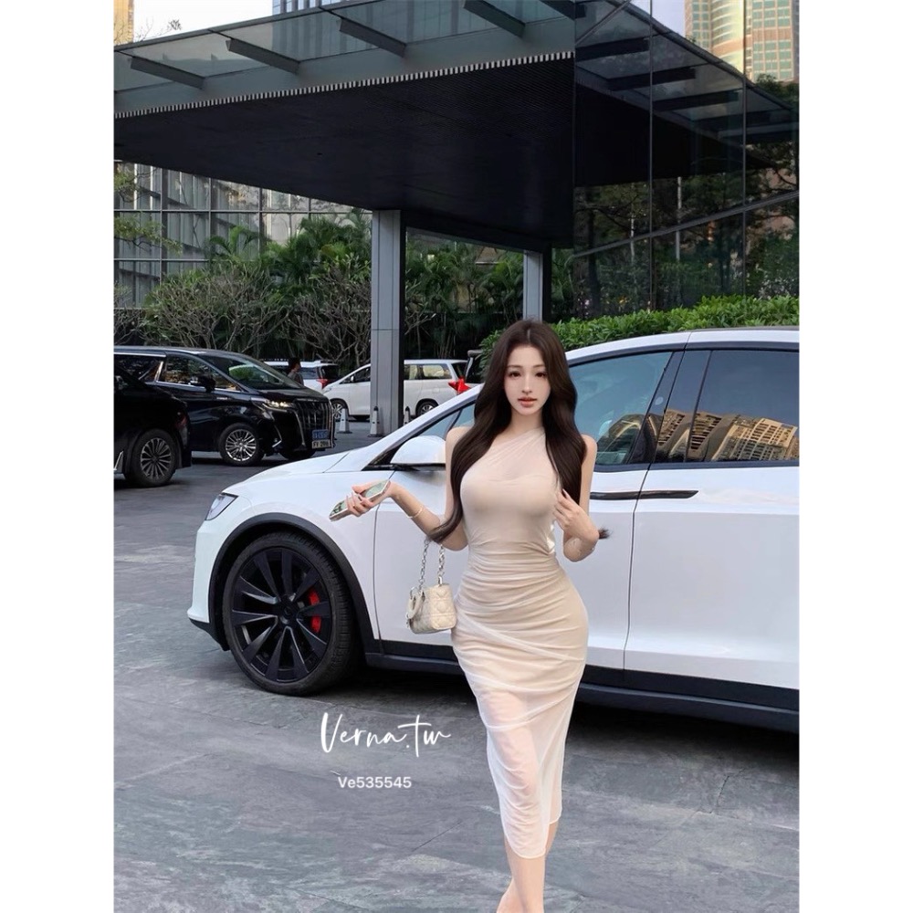 貴氣逼人 斜肩網紗連身長裙-細節圖9