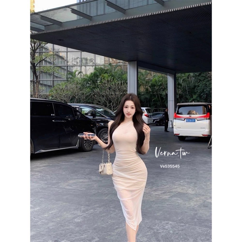 貴氣逼人 斜肩網紗連身長裙-細節圖10