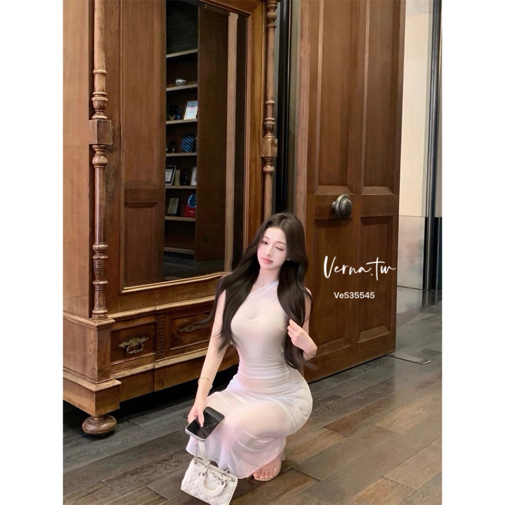 貴氣逼人 斜肩網紗連身長裙-細節圖11