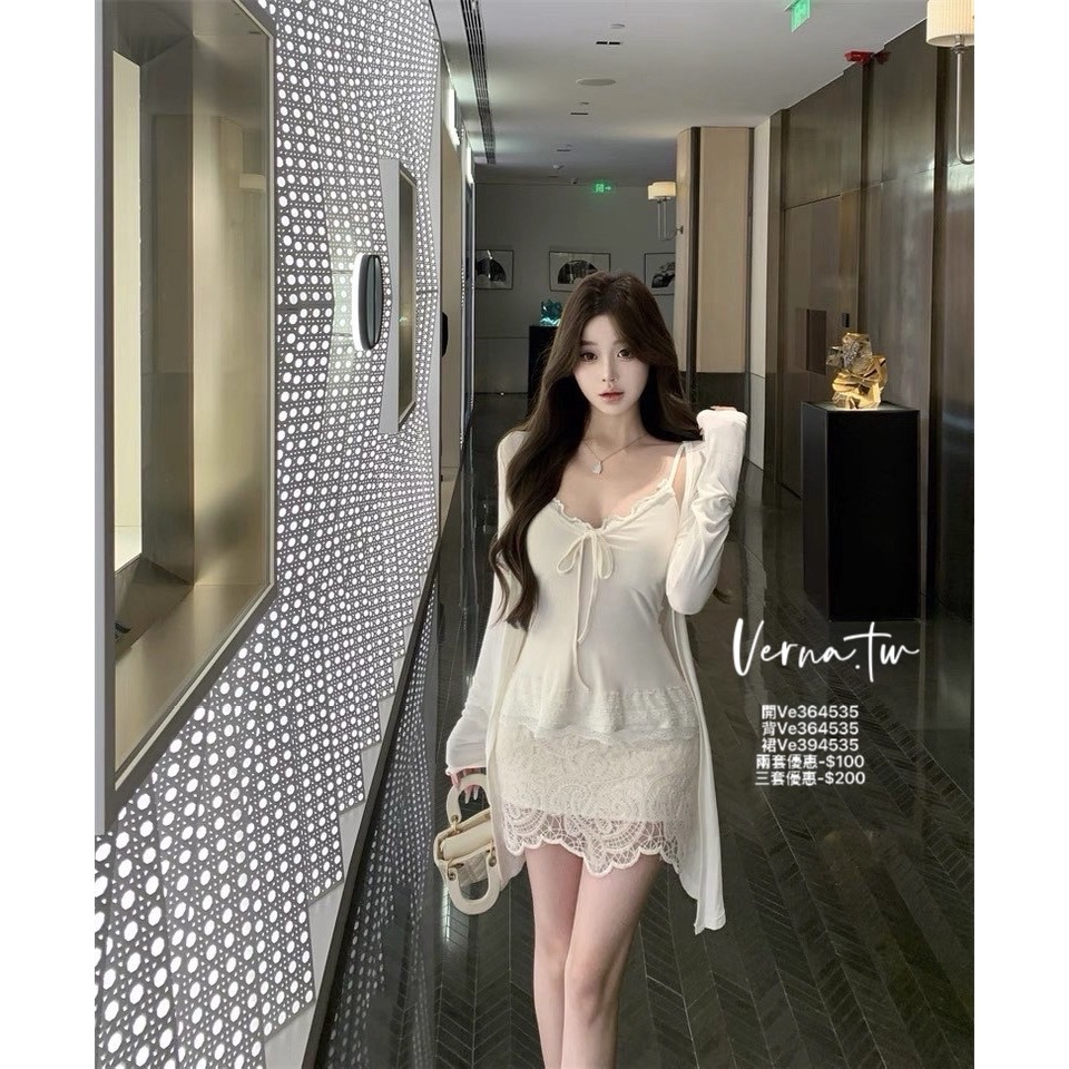 柔欲白開水 花邊吊帶背心x蕾絲裙x外套 白色女神三件套裝-細節圖5