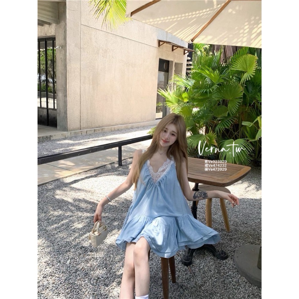 夏日甜美三件套  蕾絲飄逸V領背心x吊帶裙x短褲-細節圖2