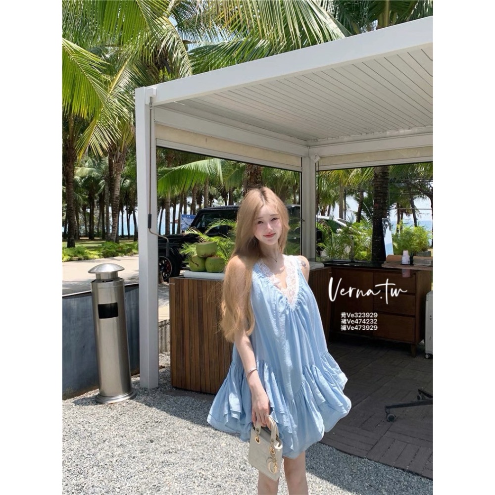 夏日甜美三件套  蕾絲飄逸V領背心x吊帶裙x短褲-細節圖3