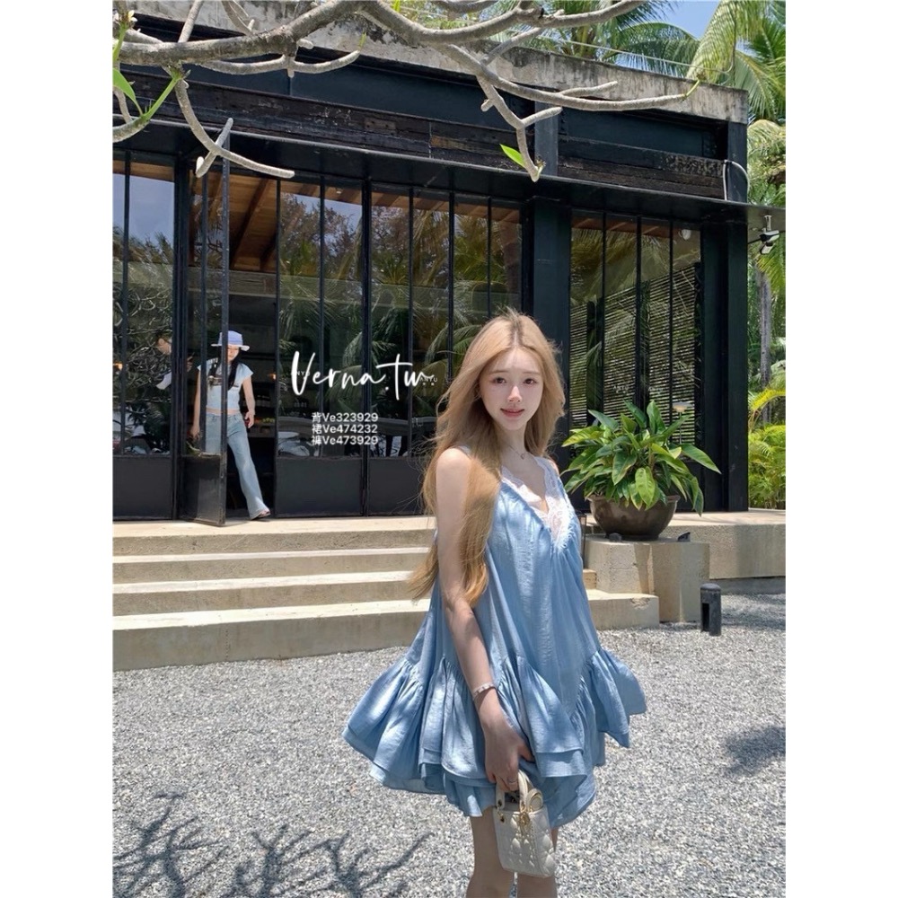 夏日甜美三件套  蕾絲飄逸V領背心x吊帶裙x短褲-細節圖4