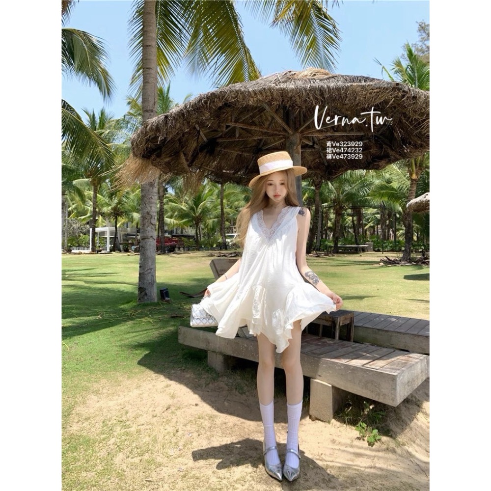 夏日甜美三件套  蕾絲飄逸V領背心x吊帶裙x短褲-細節圖5