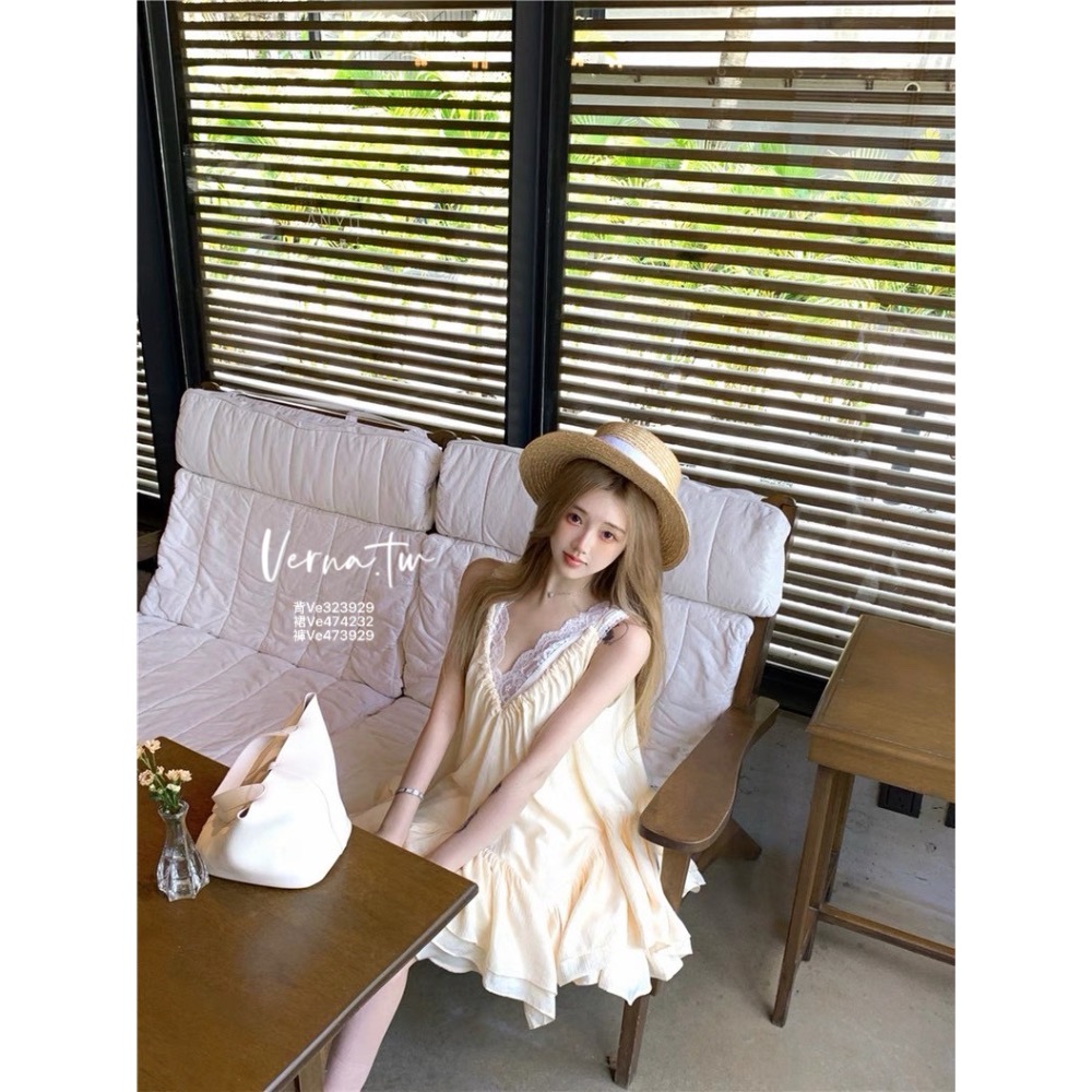 夏日甜美三件套  蕾絲飄逸V領背心x吊帶裙x短褲-細節圖8