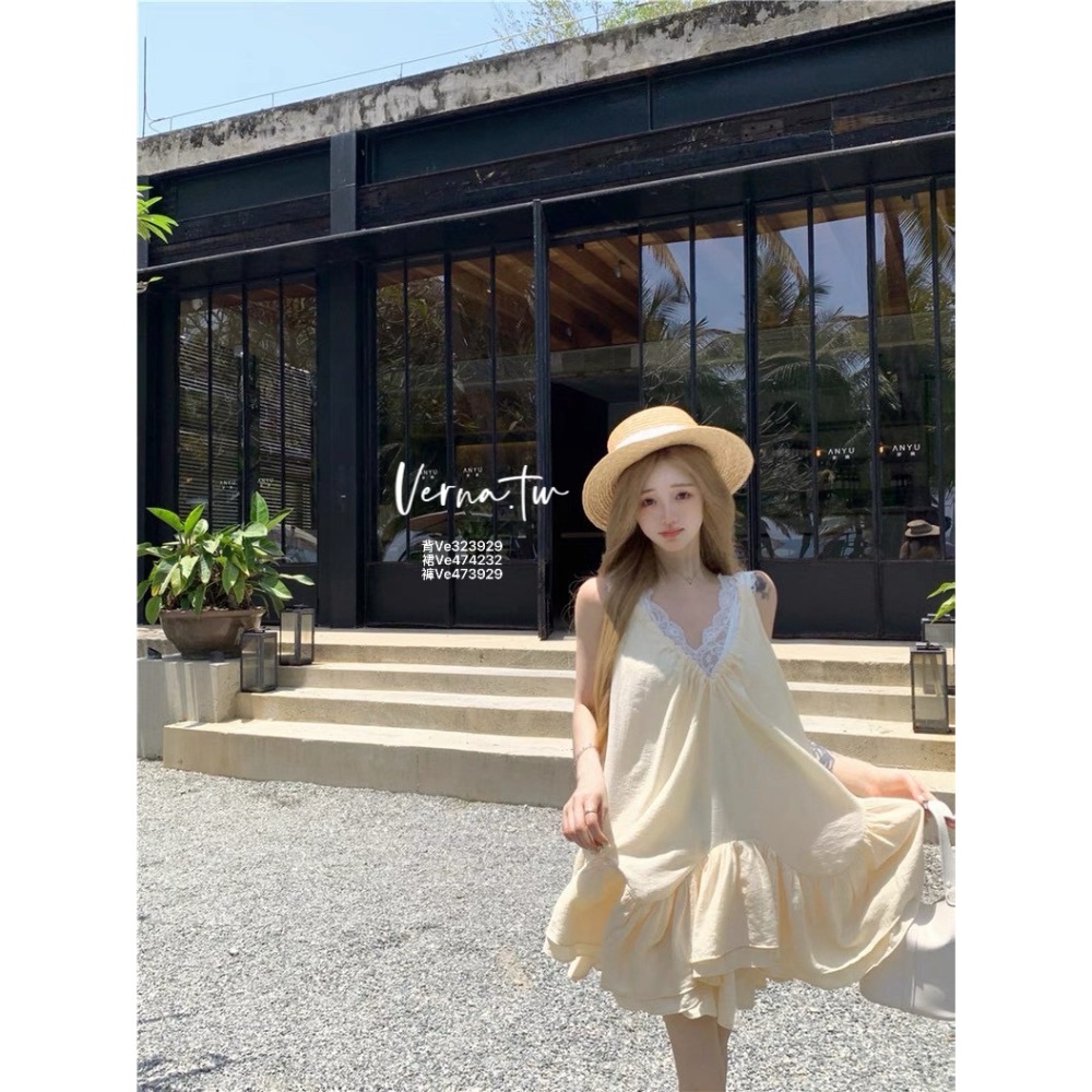 夏日甜美三件套  蕾絲飄逸V領背心x吊帶裙x短褲-細節圖11