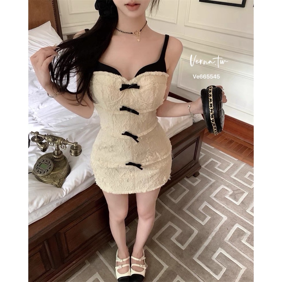 小香調調 撞色蝴蝶結吊帶裙-細節圖5