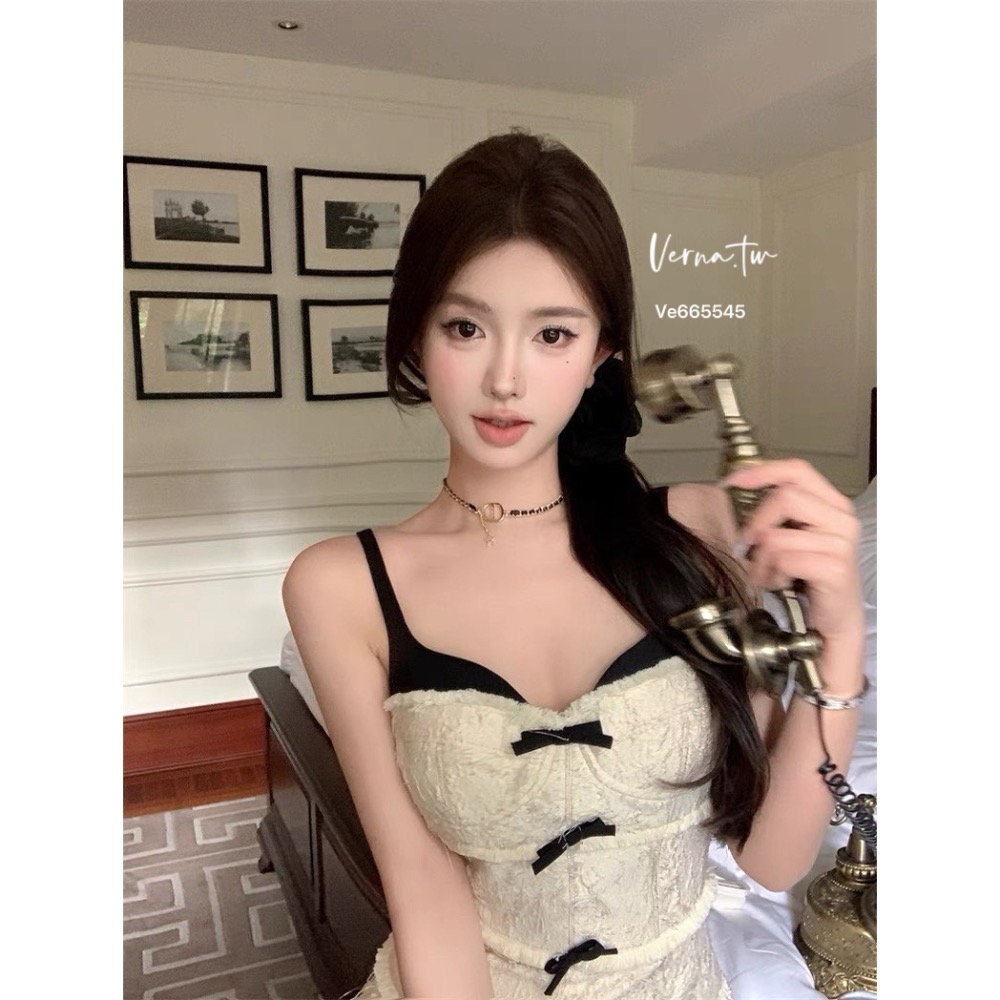 小香調調 撞色蝴蝶結吊帶裙-細節圖7