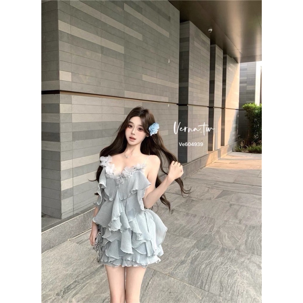 仙女氣場  層次花朵藍飄逸吊帶連身裙-細節圖4