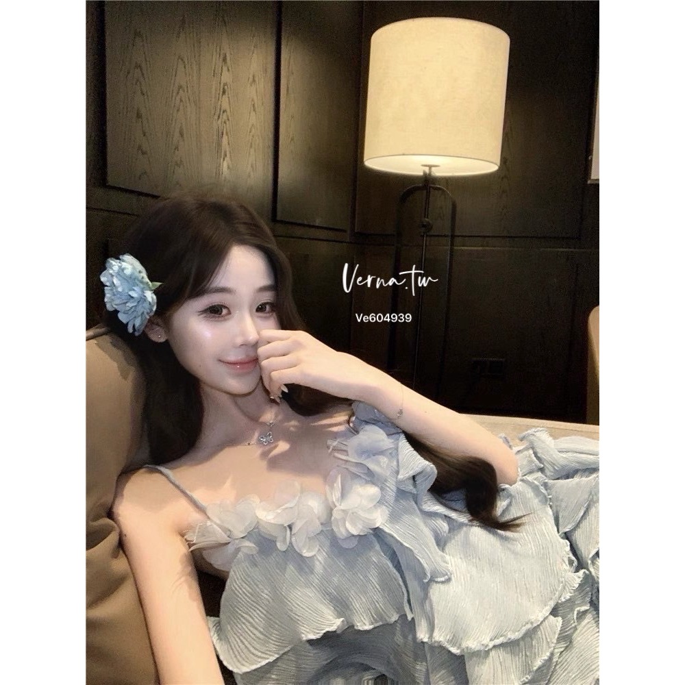 仙女氣場  層次花朵藍飄逸吊帶連身裙-細節圖6