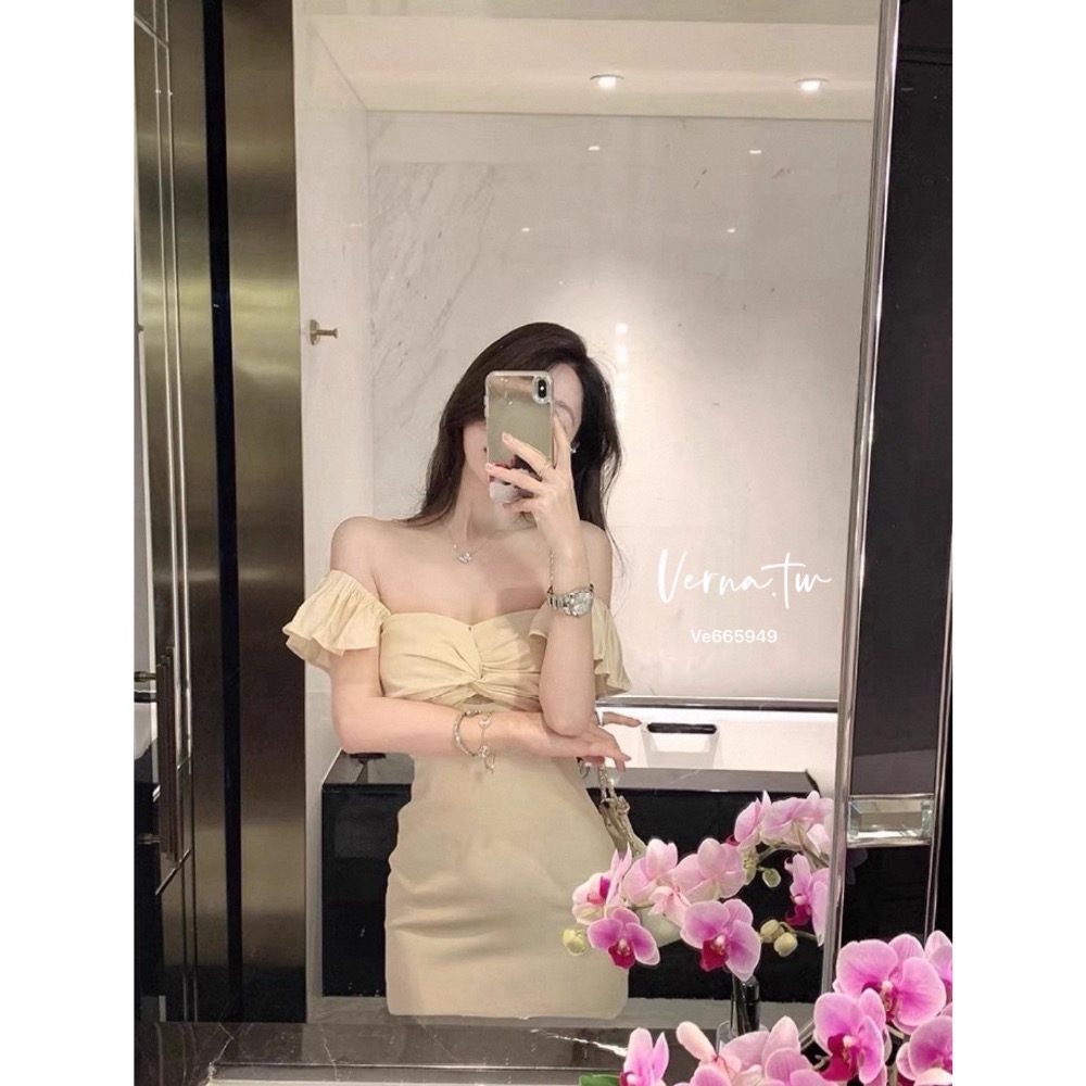 約會戰袍 扭結鏤空露肩奶杏連身裙-細節圖6