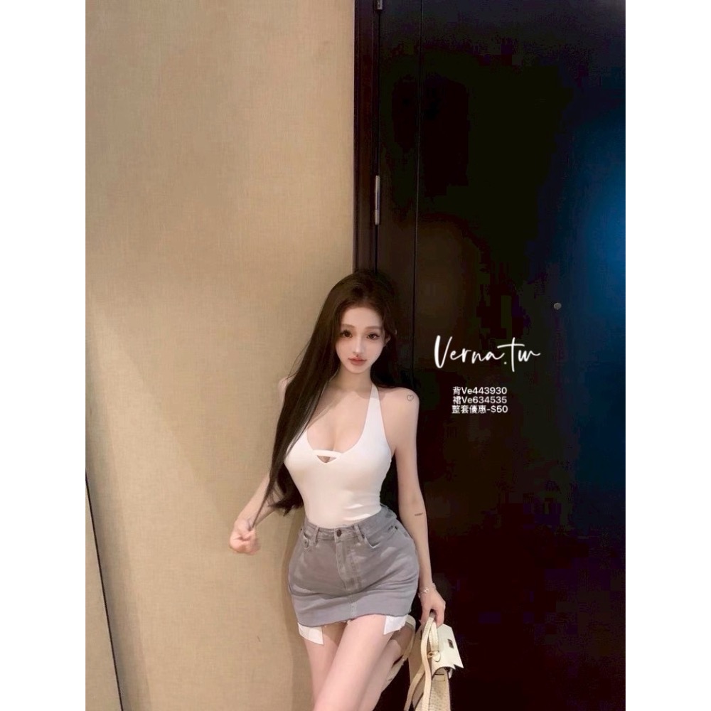 V領露背背心x牛仔短裙套裝-細節圖2