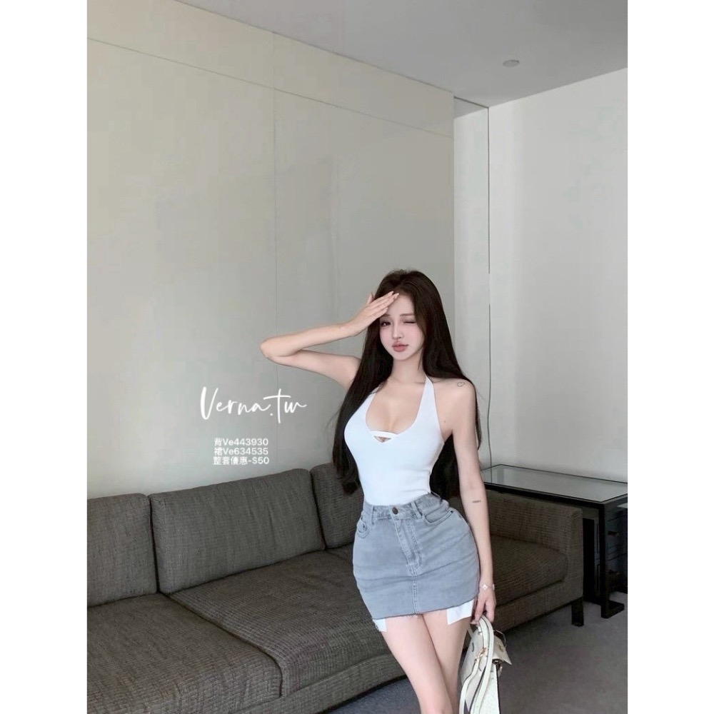 V領露背背心x牛仔短裙套裝-細節圖7