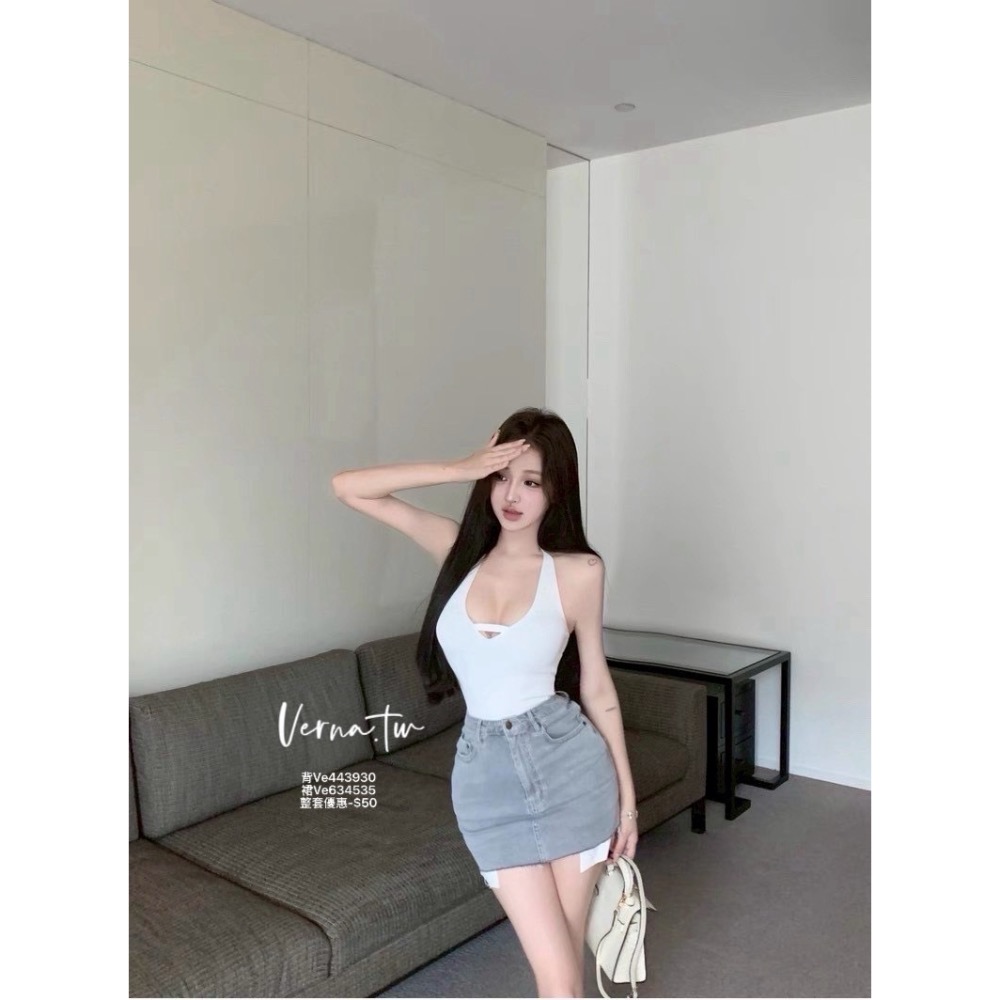 V領露背背心x牛仔短裙套裝-細節圖8